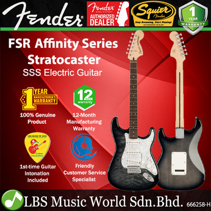 Fender Squier FSR Affinity Stratocaster QMT Electric Guitar with Tremolo and Laurel Fretboard - Black Burst