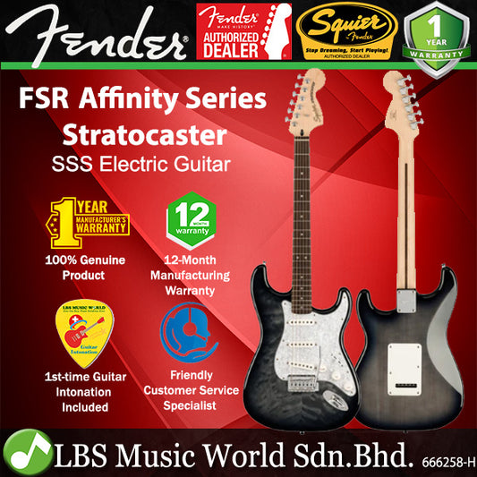Fender Squier FSR Affinity Stratocaster QMT Electric Guitar with Tremolo and Laurel Fretboard - Black Burst