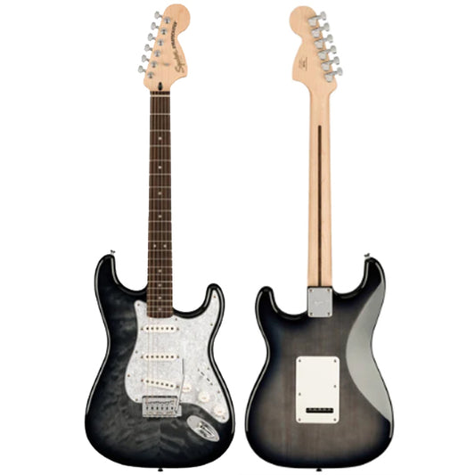 Fender Squier FSR Affinity Stratocaster QMT Electric Guitar with Tremolo and Laurel Fretboard - Black Burst