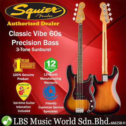 Squier by Fender Classic Vibe 60s Precision 4 Strings Electric Bass Guitar Indian Laurel Fingerboard 3 Tone Sunburst