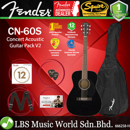Fender CC-60S Solid Spruce Top Concert Acoustic Guitar Pack V2 Black (CC60S)
