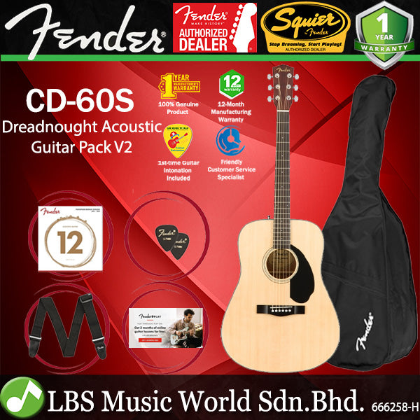 Fender CD-60S Solid Spruce Top Dreadnought Acoustic Guitar Pack V2 With Bag - Natural (CD60S)