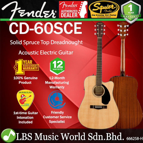Fender CD-60SCE Solid Spruce Top Dreadnought Acoustic Electric Guitar Natural (CD60SCE)