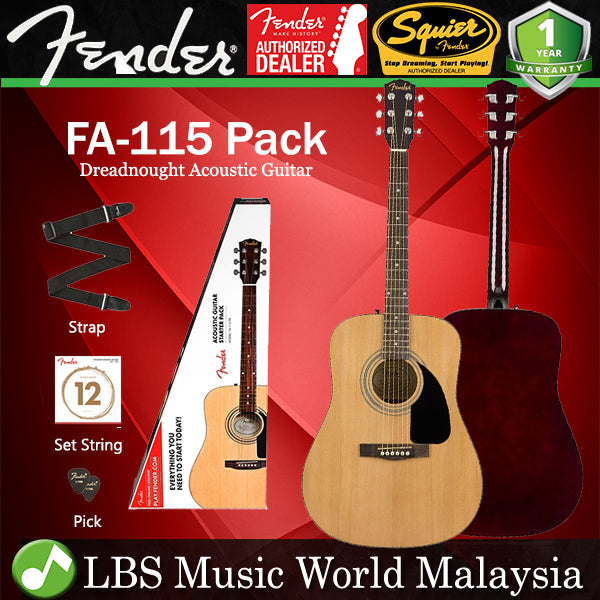 Fender FA-115 Beginner Dreadnought Pack Acoustic Guitar Natural with Strings Strap and Picks (FA115)