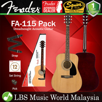 Fender FA-115 Beginner Dreadnought Pack Acoustic Guitar Natural with Strings Strap and Picks (FA115)