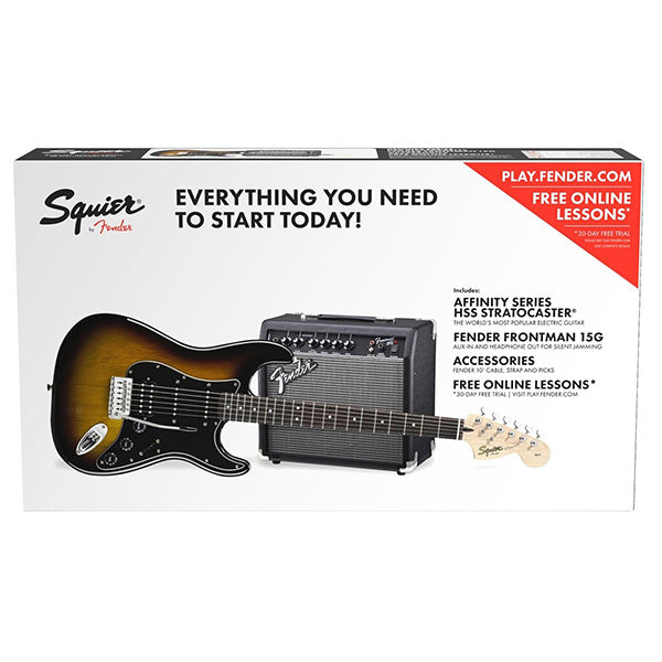 Fender Squier Affinity Series HSS Stratocaster Guitar Pack Frontman 15G Amplifier (Brown Sunburst)