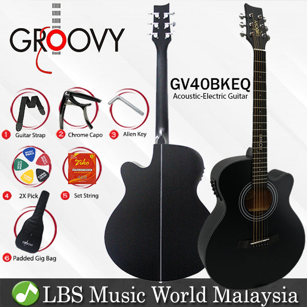 Groovy GV40BKEQ 40" Concert Acoustic Electric Guitar with ALT-1 Pickup Package Ebony Black (GV Series)