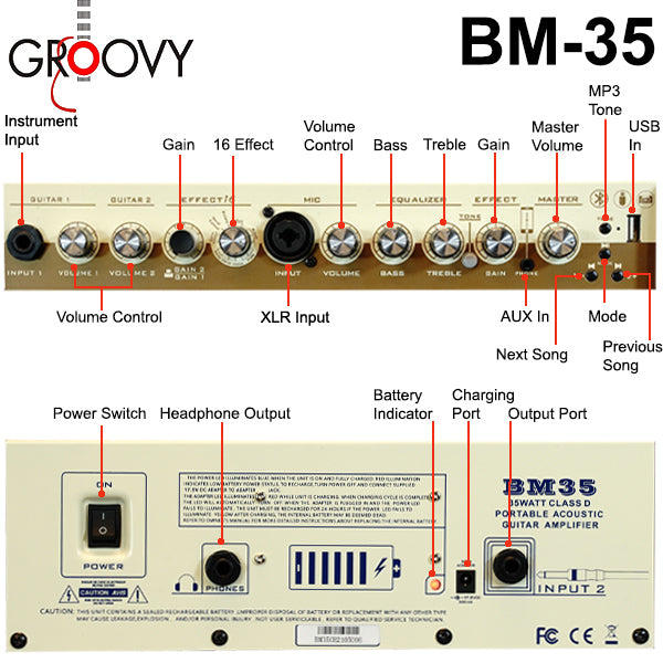 Groovy BM35 35 Watt Class D Bluetooth Monitor Speaker Amp Portable Acoustic Guitar Amplifier with Build in Battery (BM 35)