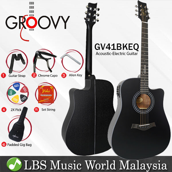Groovy GV41BKEQ 41" Dreadnought Acoustic Electric Guitar with ALT-1 Pickup Package Ebony Black (GV Series)