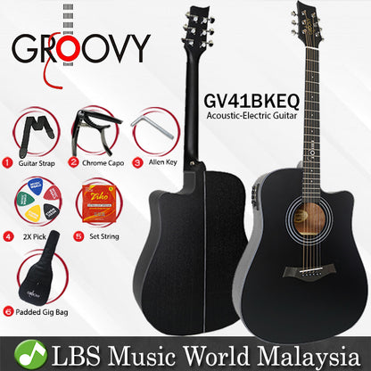 Groovy GV41BKEQ 41" Dreadnought Acoustic Electric Guitar with ALT-1 Pickup Package Ebony Black (GV Series)