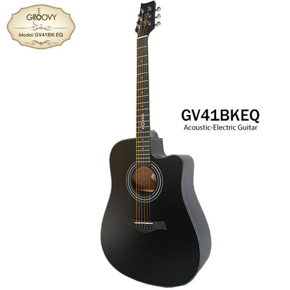 Groovy GV41BKEQ 41" Dreadnought Acoustic Electric Guitar with ALT-1 Pickup Package Ebony Black (GV Series)