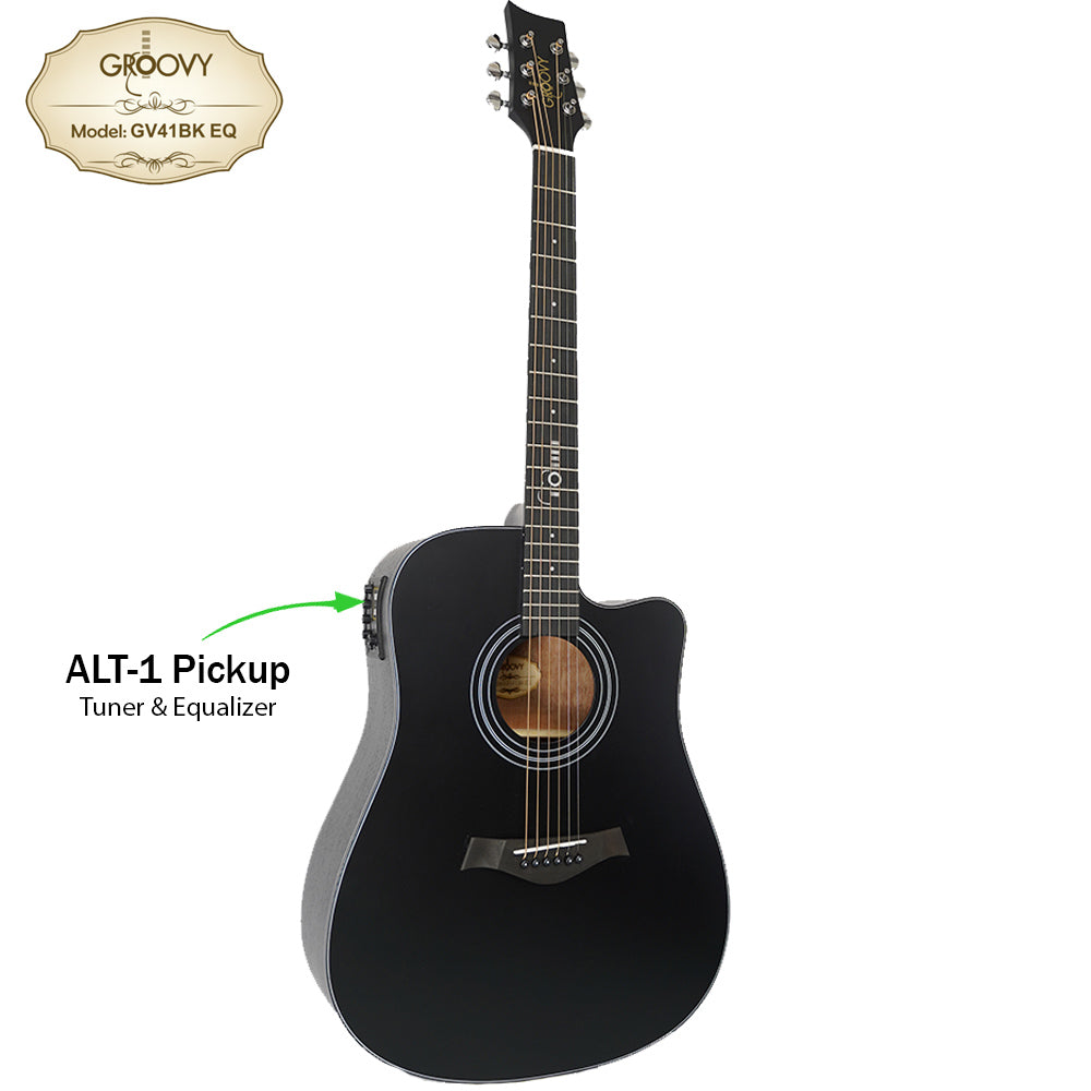 Groovy GV41BKEQ 41" Dreadnought Acoustic Electric Guitar with ALT-1 Pickup Package Ebony Black (GV Series)