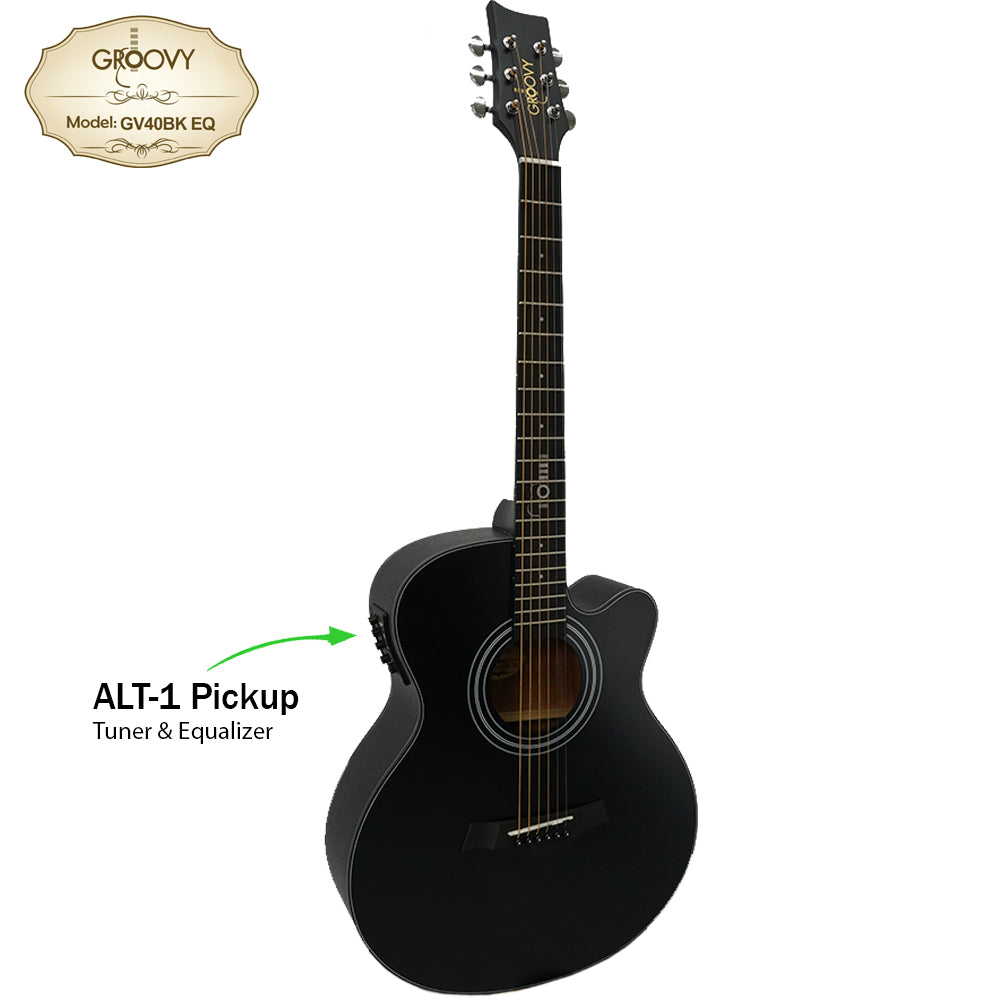 Groovy GV40BKEQ 40" Concert Acoustic Electric Guitar with ALT-1 Pickup Package Ebony Black (GV Series)