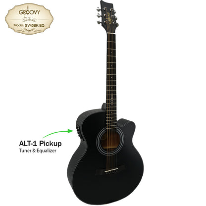Groovy GV40BKEQ 40" Concert Acoustic Electric Guitar with ALT-1 Pickup Package Ebony Black (GV Series)