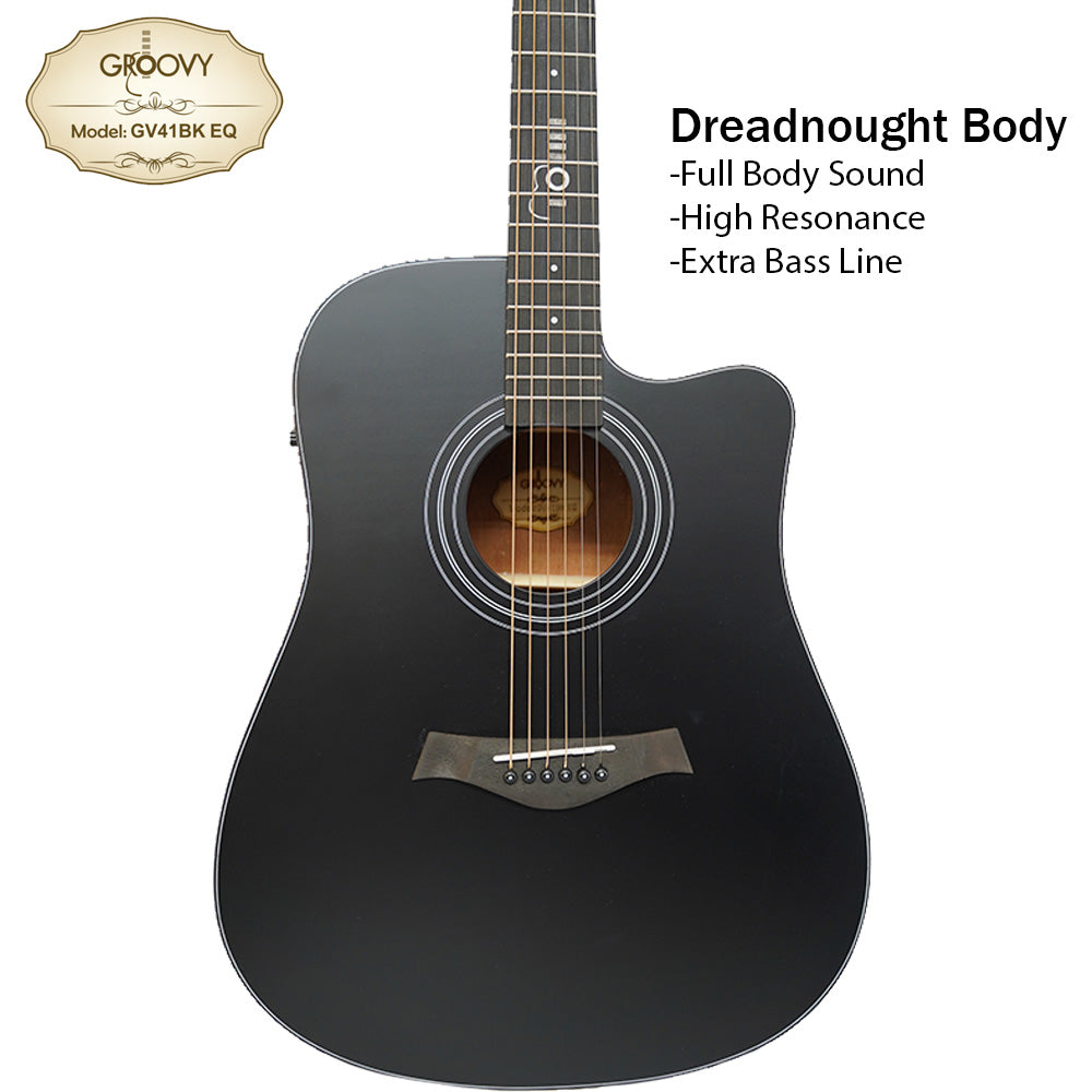 Groovy GV41BKEQ 41" Dreadnought Acoustic Electric Guitar with ALT-1 Pickup Package Ebony Black (GV Series)