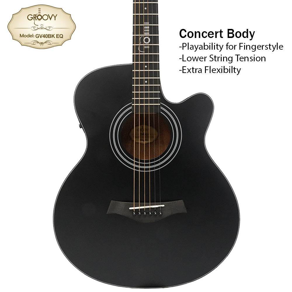 Groovy GV40BKEQ 40" Concert Acoustic Electric Guitar with ALT-1 Pickup Package Ebony Black (GV Series)