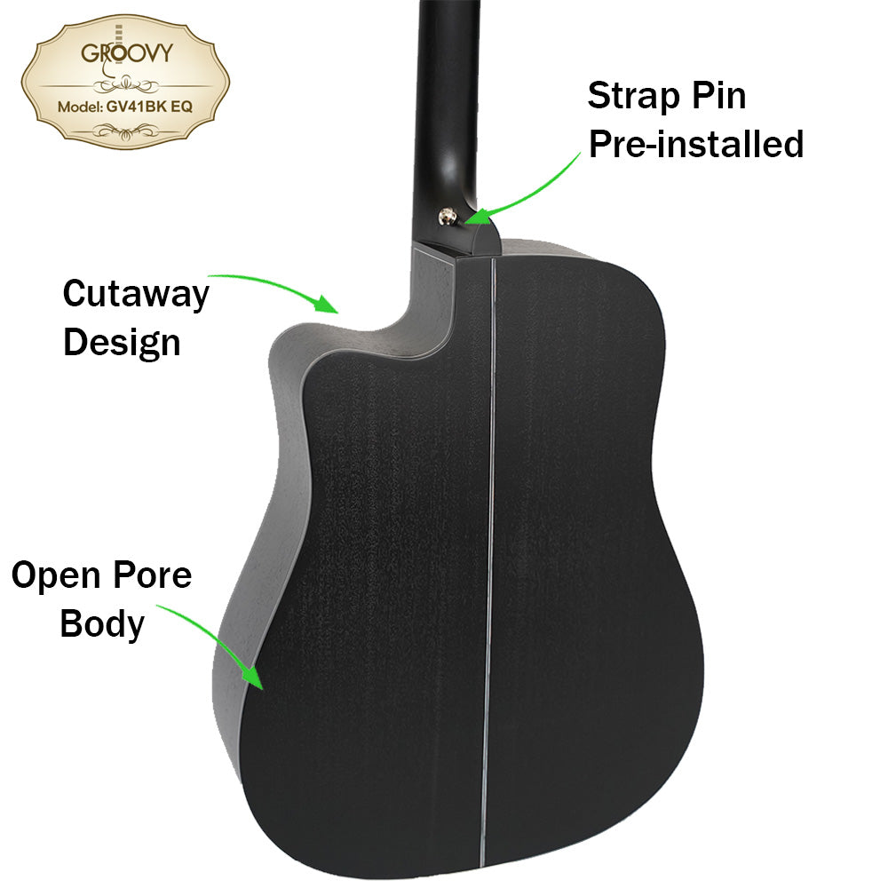 Groovy GV41BKEQ 41" Dreadnought Acoustic Electric Guitar with ALT-1 Pickup Package Ebony Black (GV Series)
