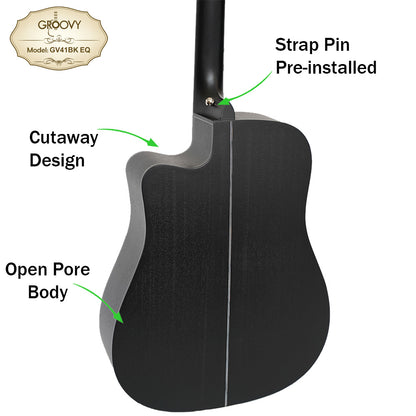 Groovy GV41BKEQ 41" Dreadnought Acoustic Electric Guitar with ALT-1 Pickup Package Ebony Black (GV Series)