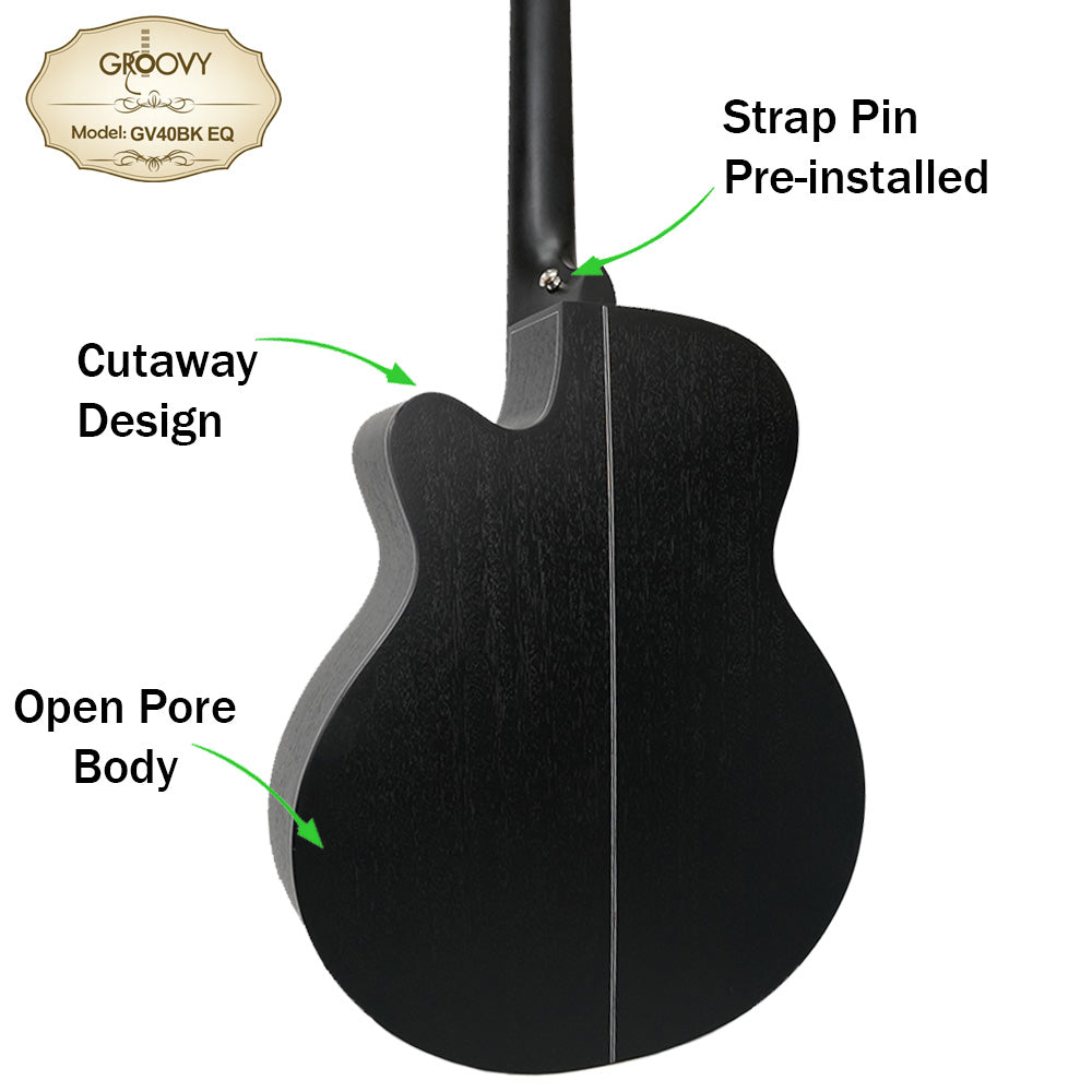 Groovy GV40BKEQ 40" Concert Acoustic Electric Guitar with ALT-1 Pickup Package Ebony Black (GV Series)
