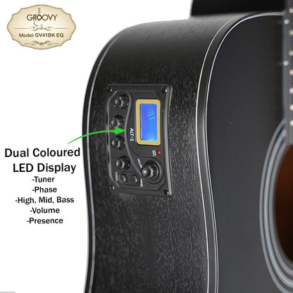 Groovy GV41BKEQ 41" Dreadnought Acoustic Electric Guitar with ALT-1 Pickup Package Ebony Black (GV Series)