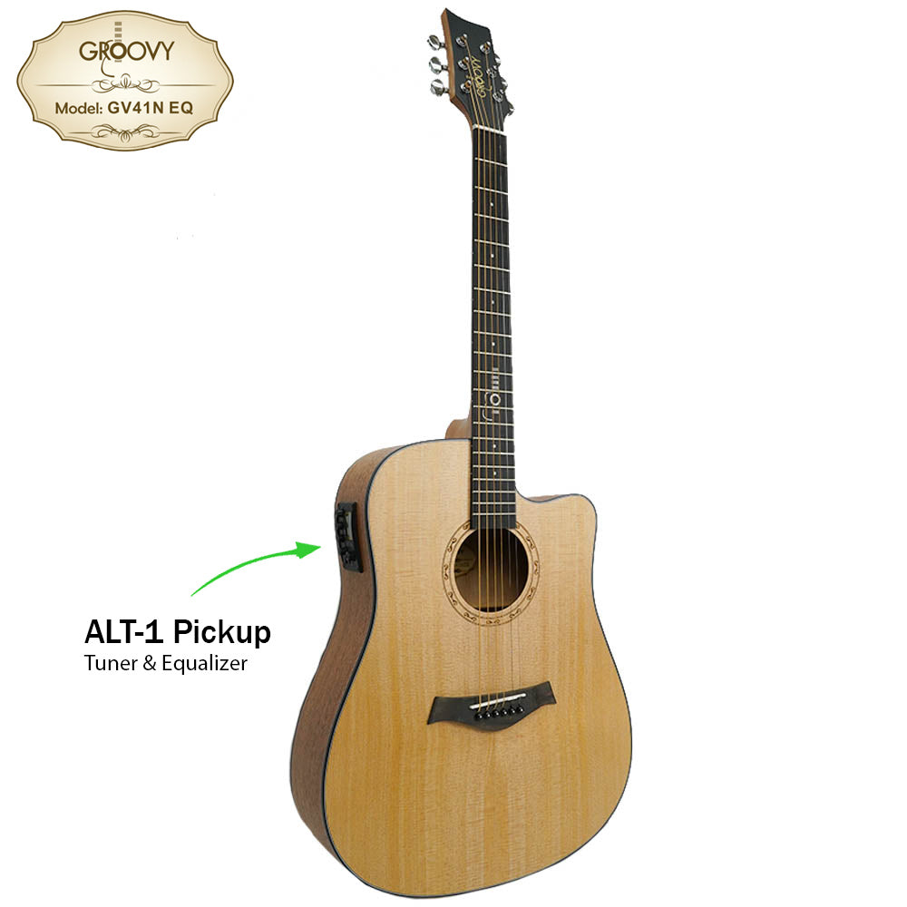 Groovy GV Series Acoustic Electric Guitar with ALT-1 Pickup Package Natural - GV41NEQ GV40NEQ GV41BKEQ GV40BKEQ