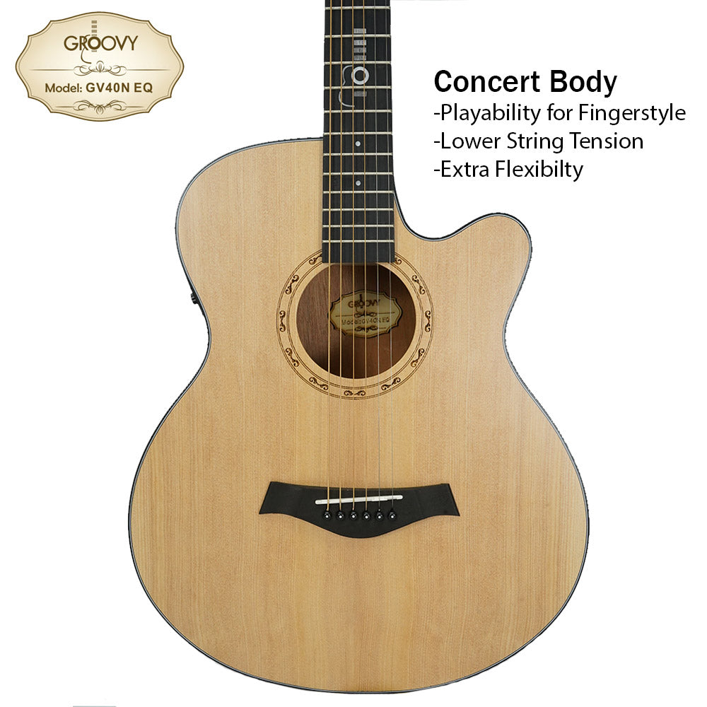Groovy GV40NEQ 40" Concert Acoustic Electric Guitar with ALT-1 Pickup Package Natural (GV Series)