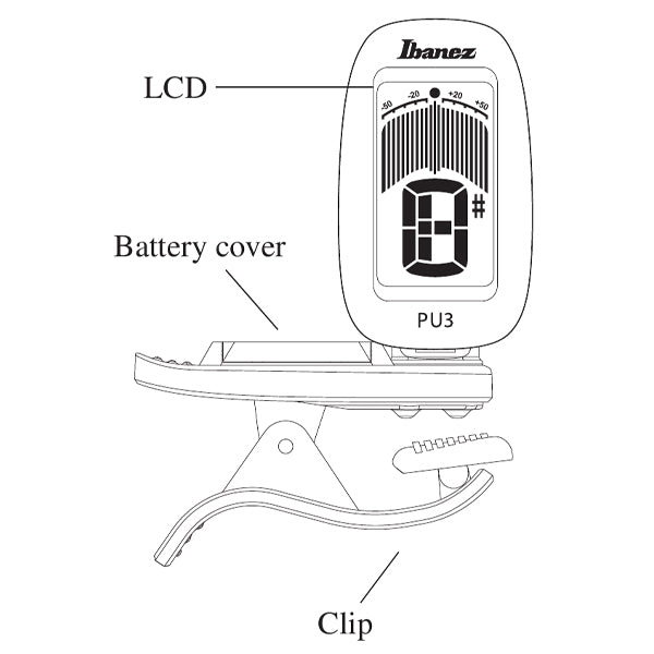 Ibanez PU3 Clip On Chromatic Tuner with Automatic Power On and Off Switch - Black