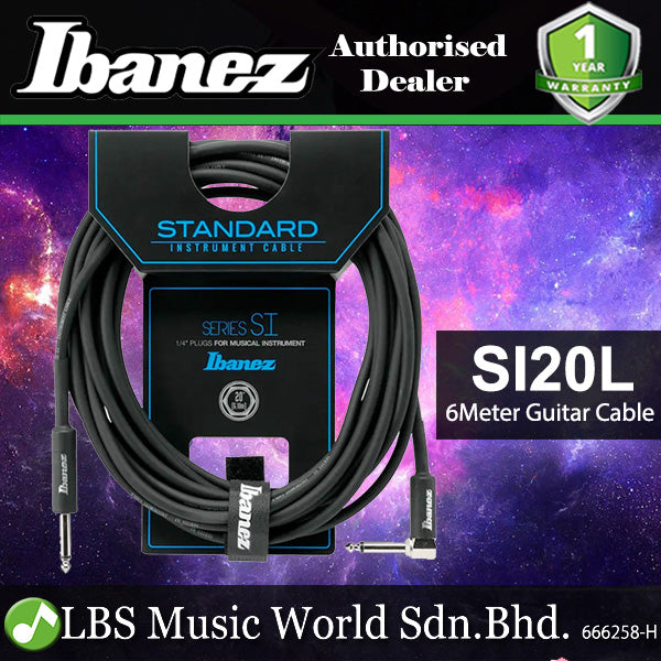 Ibanez SI20L 6 Meter Instrument Cable Straight and Right Angled Plugs for Guitar Keyboard Bass (SI20 L)