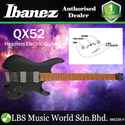 Ibanez QX52 Quest Series Headless Electric Guitar with HSS Pickup and Maple Fretboard - Black Flat