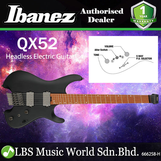 Ibanez QX52 Quest Series Headless Electric Guitar with HSS Pickup and Maple Fretboard - Black Flat