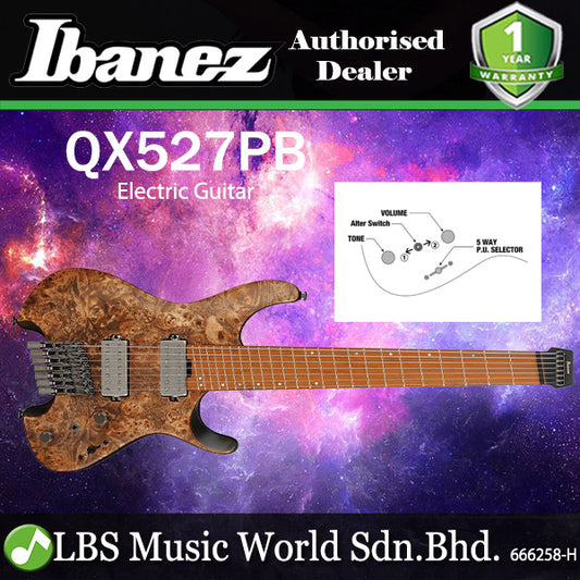 Ibanez QX527PB 7 String Poplar Burl Top Electric Guitar with HH Pickup and Maple Fingerboard - Antique Brown Stained