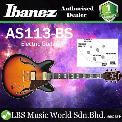 Ibanez AS113 Artstar Semi Hollowbody Electric Guitar with Ebony Fretboard and HH Pickup - Brown Sunburst (AS 113)