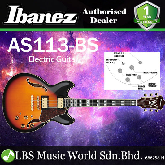 Ibanez AS113 Artstar Semi Hollowbody Electric Guitar with Ebony Fretboard and HH Pickup - Brown Sunburst (AS 113)