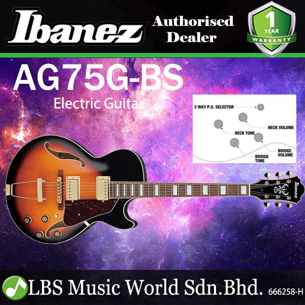 Ibanez AG75G Linden Hollowbody Electric Guitar with Bound Walnut Fretboard and HH Pickup - Brown Sunburst (AG 75G)
