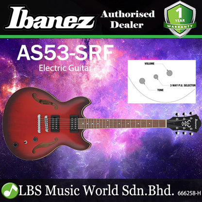 Ibanez AS53 Hollowbody Electric Guitar with Bound Walnut Fretboard and HH Pickup - Sunburst Red Flat (AS 53)