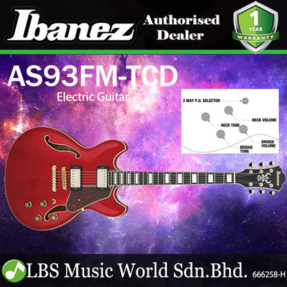 Ibanez AS93FM Artcore Expressionist Semi Hollow Body Electric Guitar with Ebony Fretboard and HH Pickup - Transparent Cherry Red (AS 93FM)