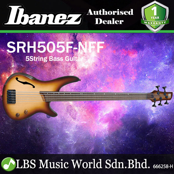 Ibanez SRH505F 5 String Hollow Body Fretless Electric Bass Guitar with Piezo Pickup - Natural Browned Burst Flat