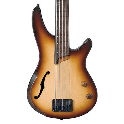 Ibanez SRH505F 5 String Hollow Body Fretless Electric Bass Guitar with Piezo Pickup - Natural Browned Burst Flat