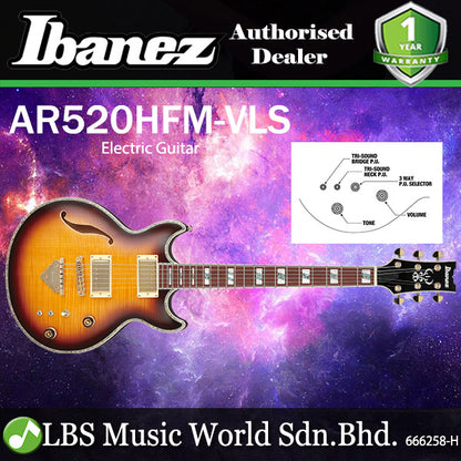 Ibanez AR520HFM Semi Hollowbody Electric Guitar with Jatoba Fretboard and HH Pickup - Violin Sunburst (AR 520HFM)