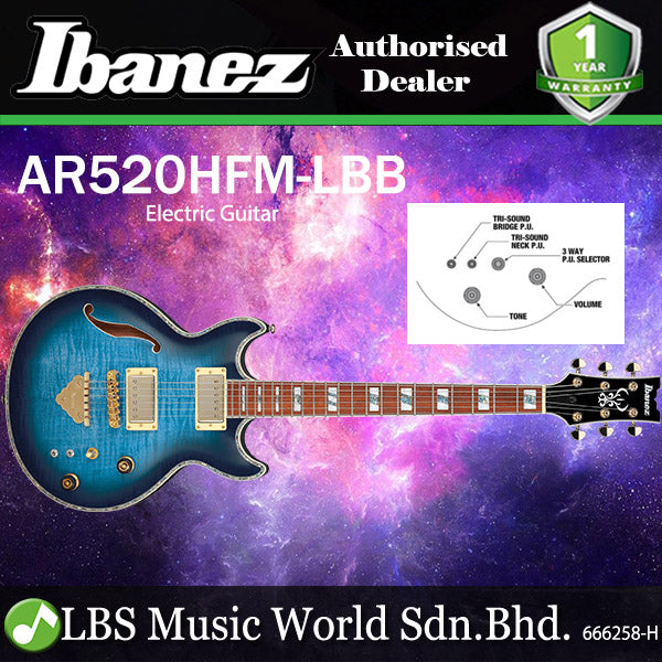 Ibanez AR520HFM Semi Hollowbody Electric Guitar with Jatoba fretboard and HH Pickup - Light Blue Burst (AR 520HFM)