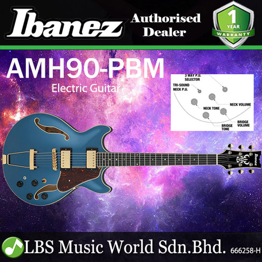 Ibanez AMH90 Artcore Expressionist Hollowbody Electric Guitar with Ebony Fretboard and HH Pickup - Prussian Blue Metallic (AMH 90)