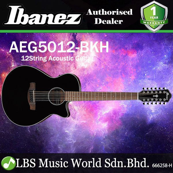 Ibanez AEG5012 12 String AEG Body Acoustic Electric Guitar with Purpleheart Fingerboard - Black High Gloss (AEG50 12)