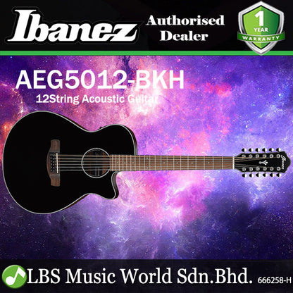 Ibanez AEG5012 12 String AEG Body Acoustic Electric Guitar with Purpleheart Fingerboard - Black High Gloss (AEG50 12)