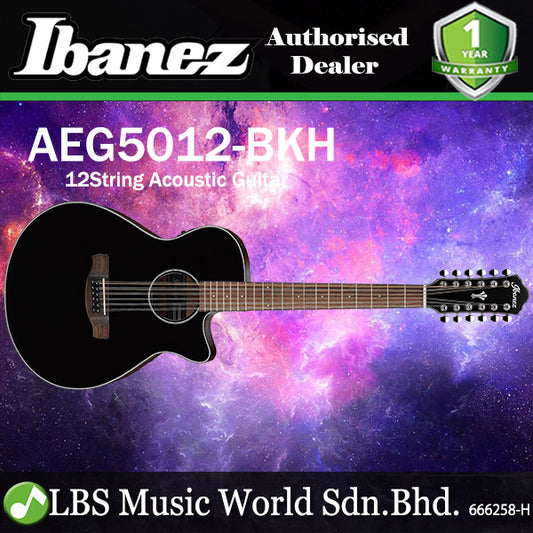Ibanez AEG5012 12 String AEG Body Acoustic Electric Guitar with Purpleheart Fingerboard - Black High Gloss (AEG50 12)