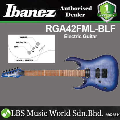 Ibanez RGA42FML Solid Nyatoh Body Left Handed Electric Guitar HH Pickup with Jatoba Fretboard - Blue Lagoon Burst Flat