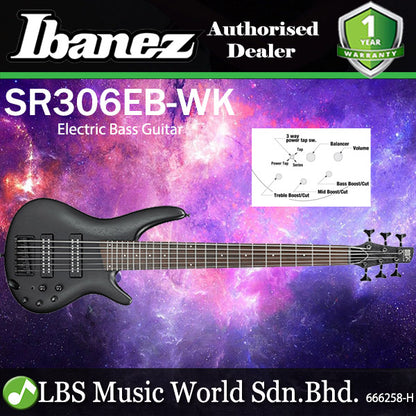 Ibanez Standard SR306EB 6 String Electric Bass Guitar With Mahogany Body Maple Neck - Weathered Black (SR306EB WK)