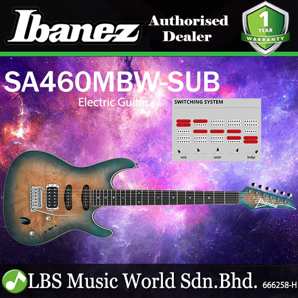 Ibanez SA460MBW 6 String Okoume Body Maple Burl Top SSH Electric Guitar Sunset Blue Burst (SA460 MBW SA460MBW-SUB)