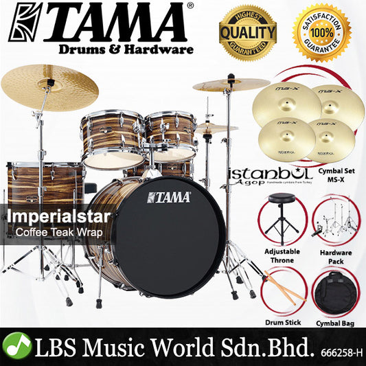 Tama Imperialstar IE52KH6W 5 Piece Drum Set with Istanbul Agop MS-X Cymbal Set - 22 Inch Bass Drum (Imperial Star)