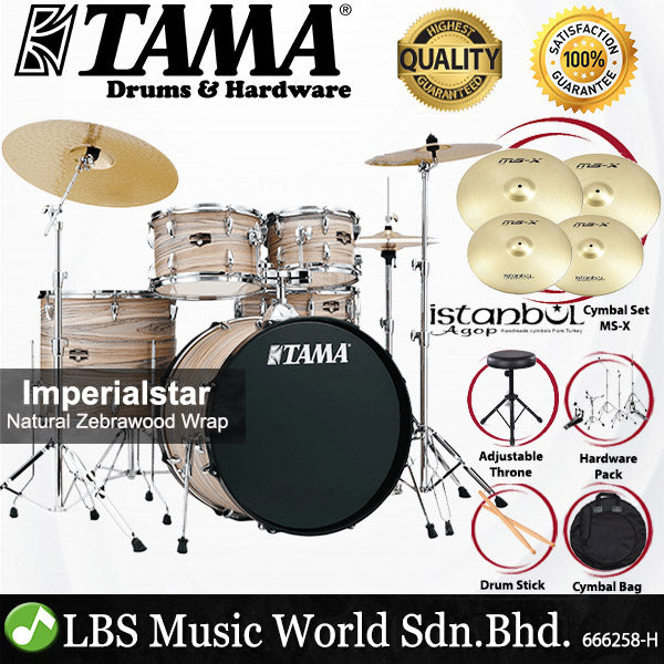 Tama Imperialstar IE52KH6W 5 Piece Drum Set with Istanbul Agop MS-X Cymbal Set - 22 Inch Bass Drum (Imperial Star)