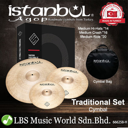 Istanbul Agop Traditional Cymbals Set with Bag 14" Hi-Hats 16" Crash 20" Ride Cymbal (ITRS)